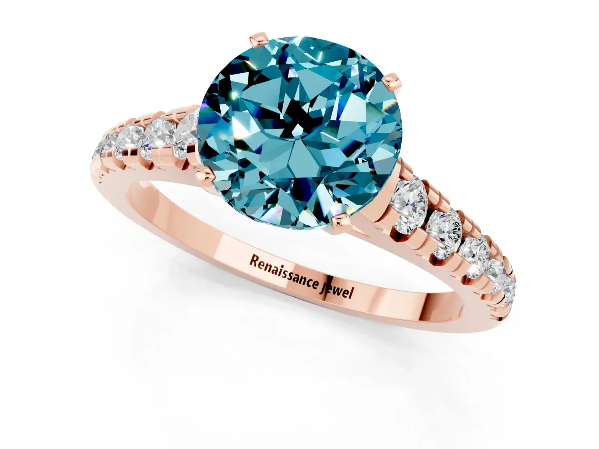 Round Cut Blue Topaz Cathedral Solitaire Ring with Round Pavé Band Rose gold