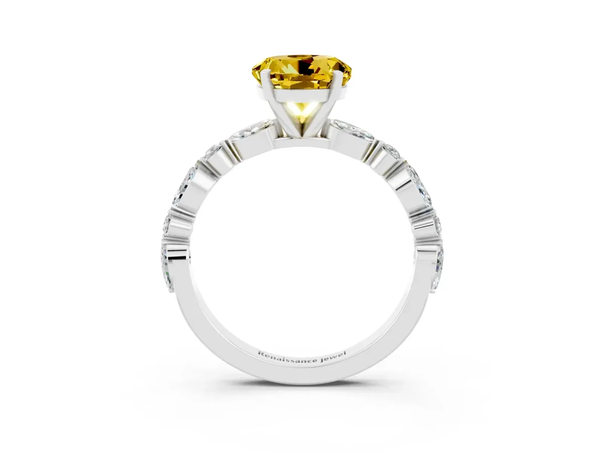 Round Cut Yellow Sapphire Ring with Marquise and Round Side Stones and Four-Prong Setting Silver