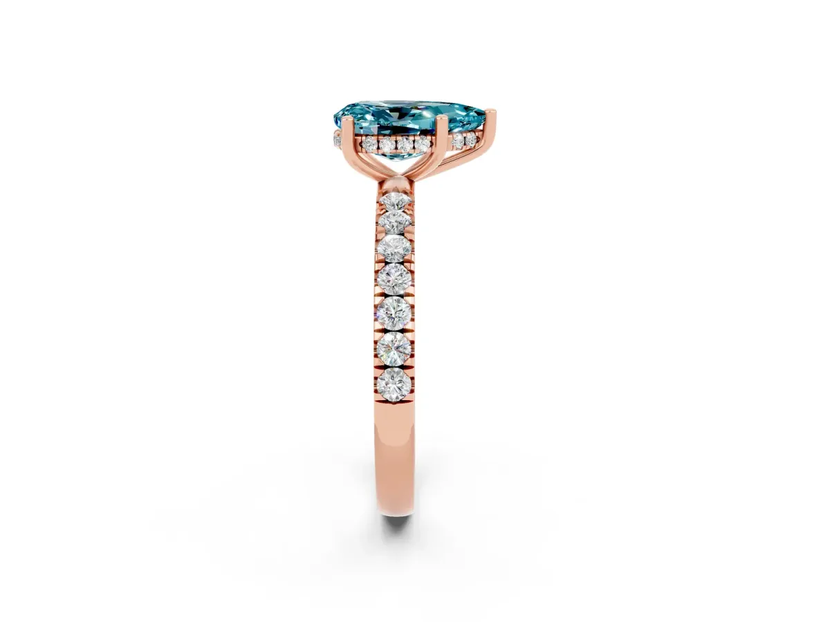 Pear Cut Blue Topaz Pave Band Solitaire Ring with Round and Prong Setting Rose gold