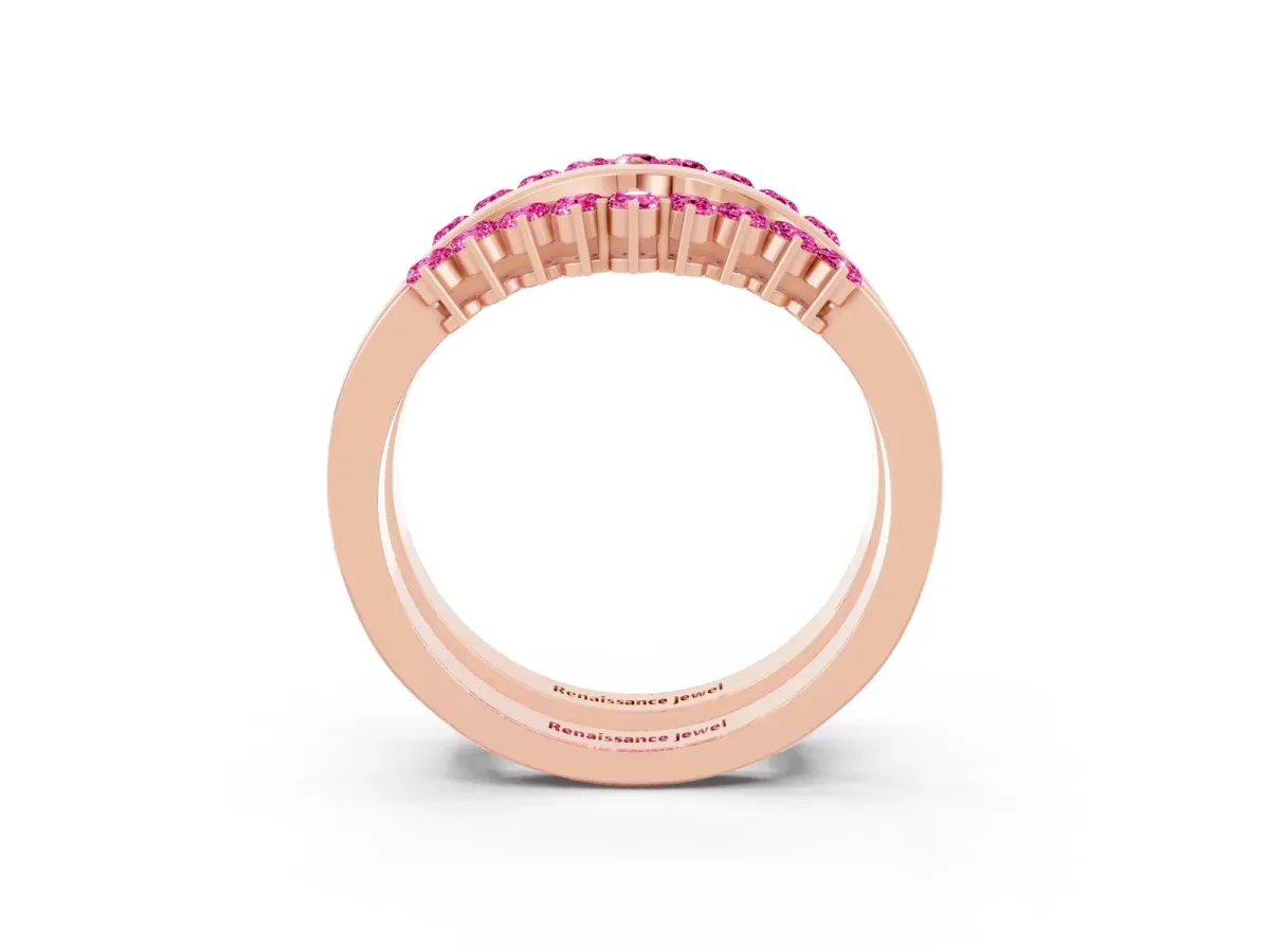 Round Pink Sapphire Chevron Contour Band with Prong Setting Rose gold
