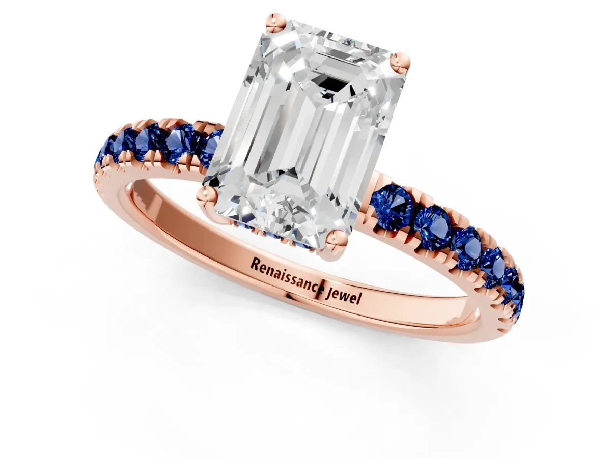 Emerald Cut Diamond Pave Band Solitaire Ring with Round Blue Sapphire and Prong Setting Rose gold