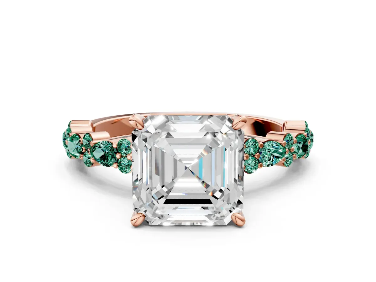 Asscher Cut Diamond Side Stone Solitaire Ring with Round Green Sapphire and Four-Prong Setting Rose gold