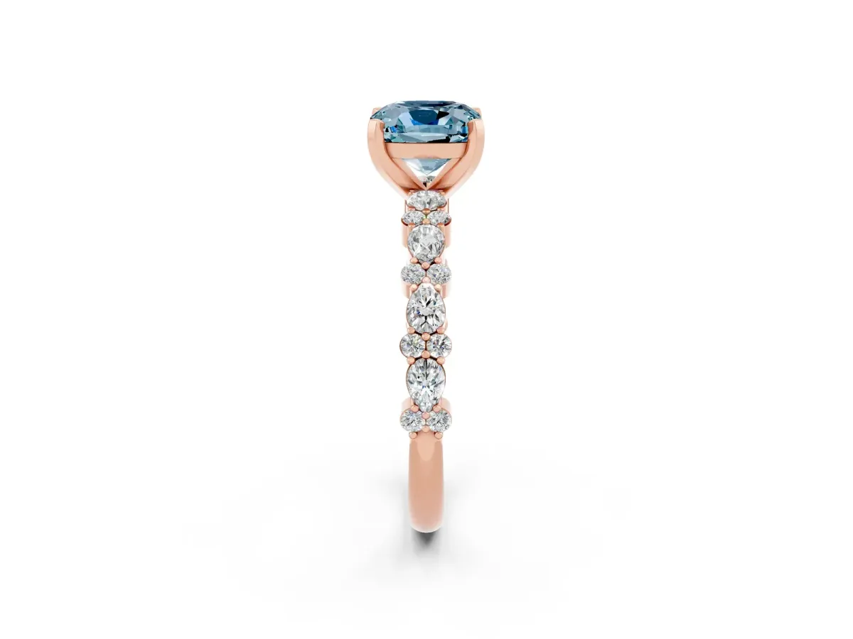 Cushion Cut Aquamarine Side Stone Solitaire Ring with Round and Four-Prong Setting Rose gold