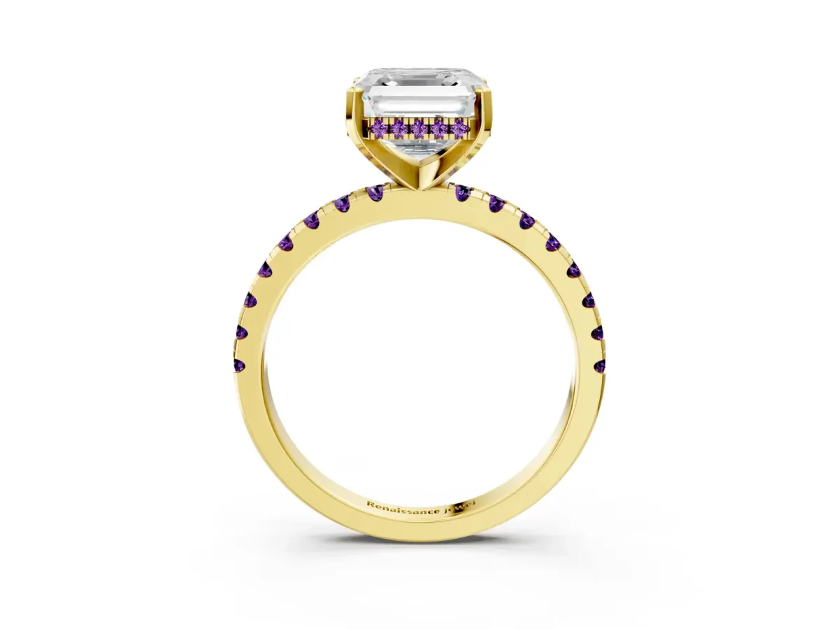 Asscher Cut Diamond Solitaire Ring with Round Amethyst Pavé Band and Four-Prong Setting Yellow gold