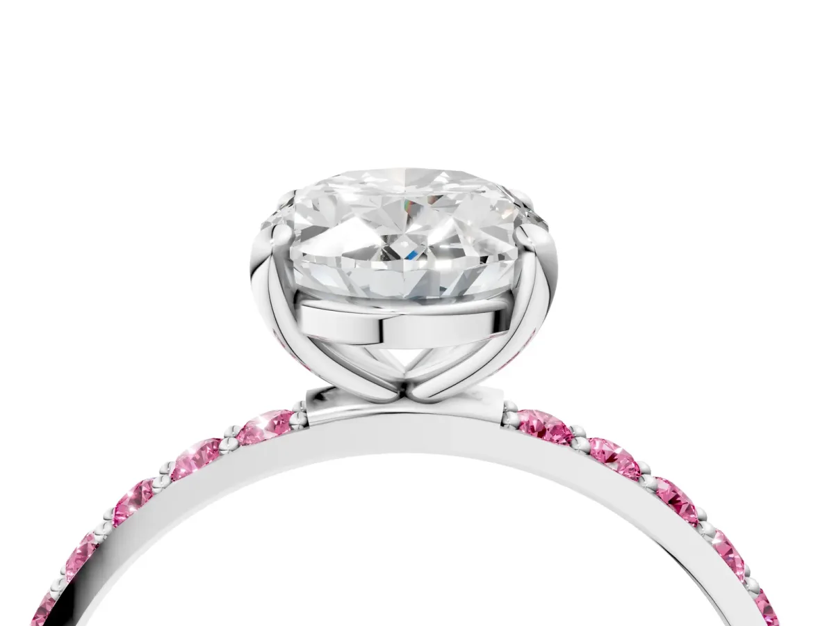 Oval Cut Diamond Solitaire Ring with Round Pink Sapphire Pavé Band and Prong Setting Platinum
