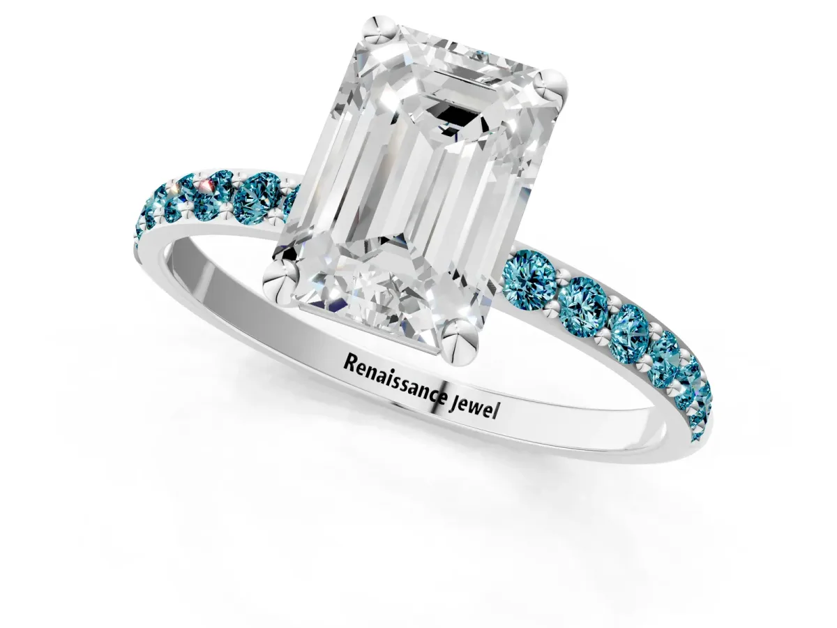Emerald Cut Diamond Solitaire Ring with Round Blue Topaz Pavé Band and Prong Setting Silver