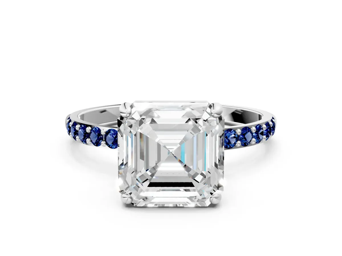 Asscher Cut Diamond Solitaire Ring with Round Blue Sapphire Pavé Band and Prong Setting Silver