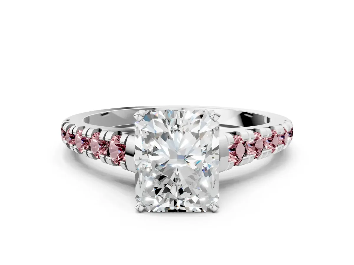 Radiant Cut Diamond Cathedral Solitaire Ring with Round Morganite Pavé Band Silver