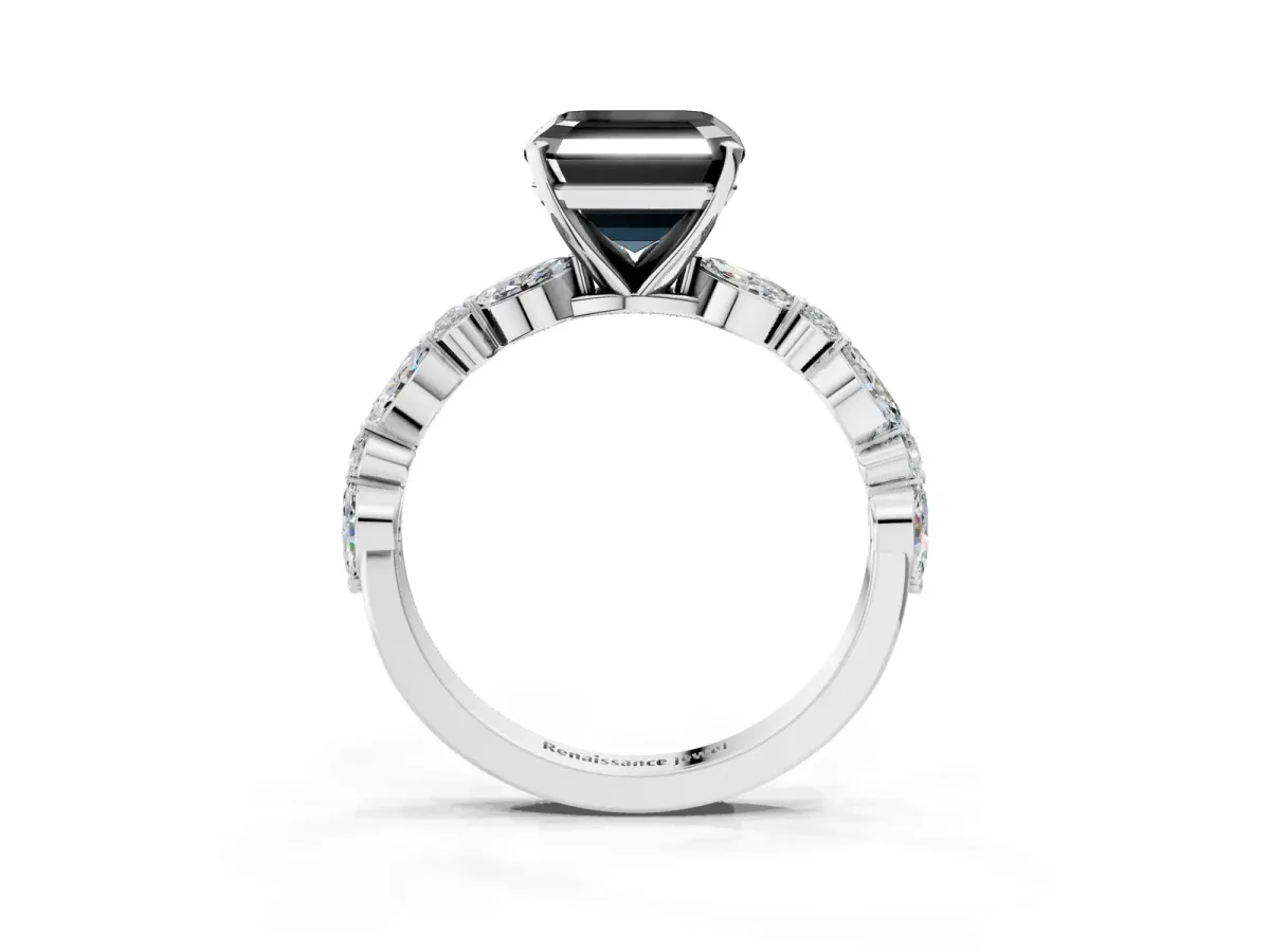 Fancy Black Asscher Cut Diamond Ring with Marquise and Round Side Stones and Four-Prong Setting Platinum