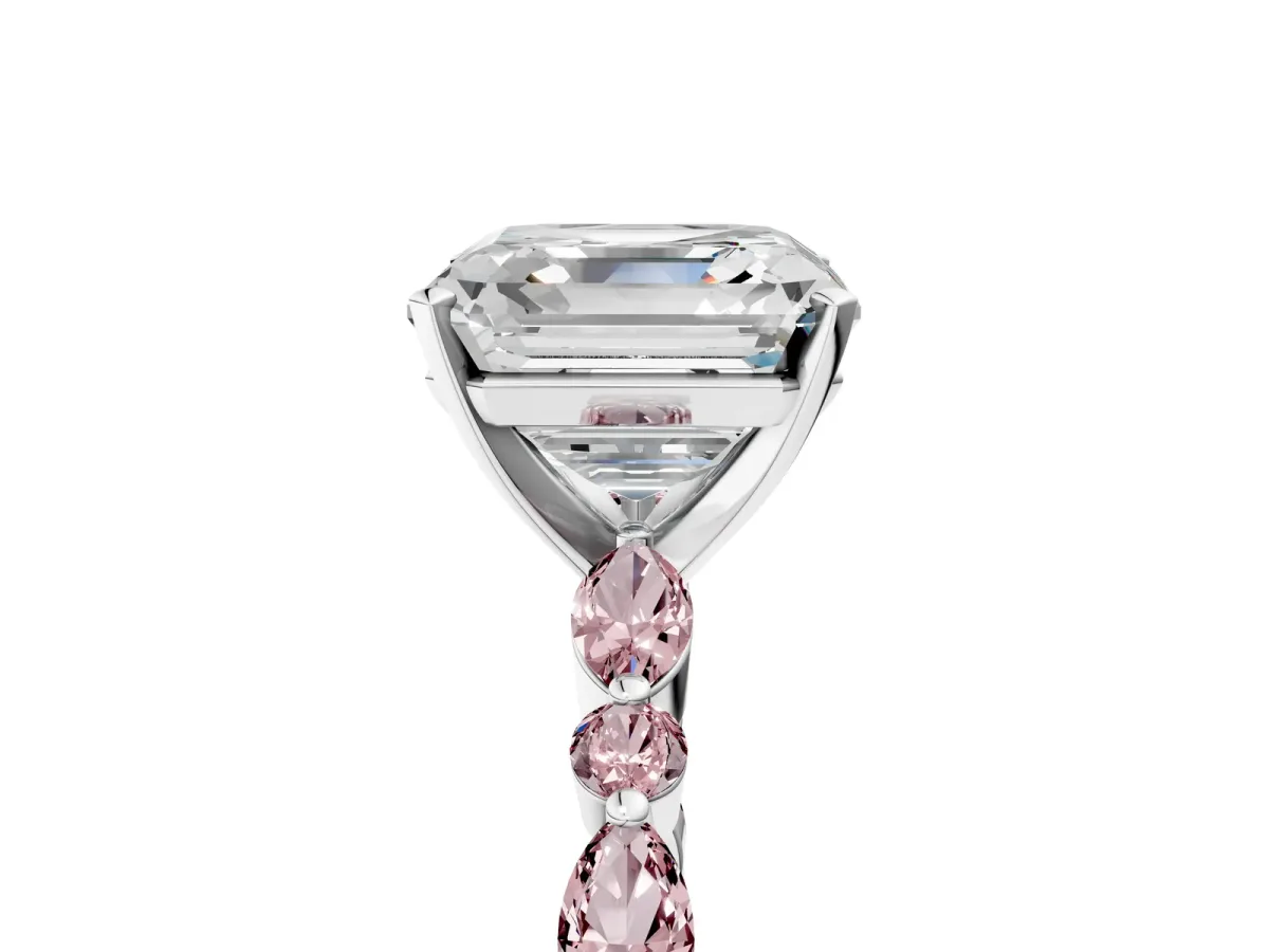 Asscher Cut Diamond Ring with Marquise and Round Morganite Side Stones and Four-Prong Setting Silver