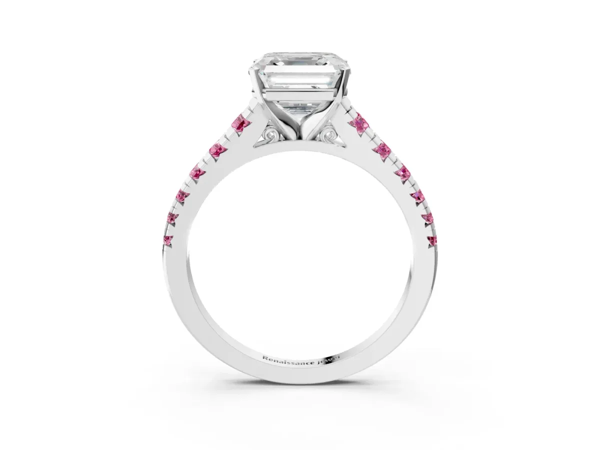 Asscher Cut Diamond Cathedral Solitaire Ring with Round Pink Sapphire Pavé Band Platinum