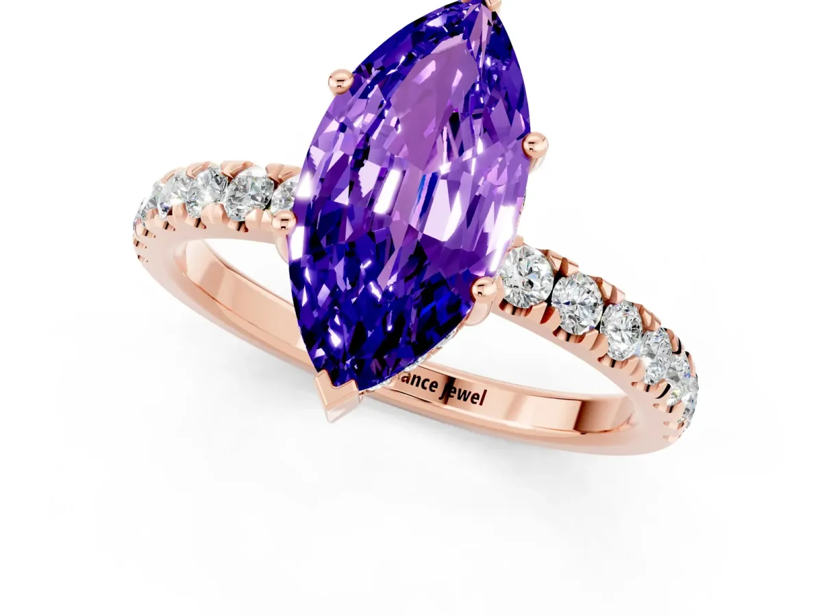 Marquise Cut Tanzanite Pave Band Solitaire Ring with Round and Prong Setting Rose gold