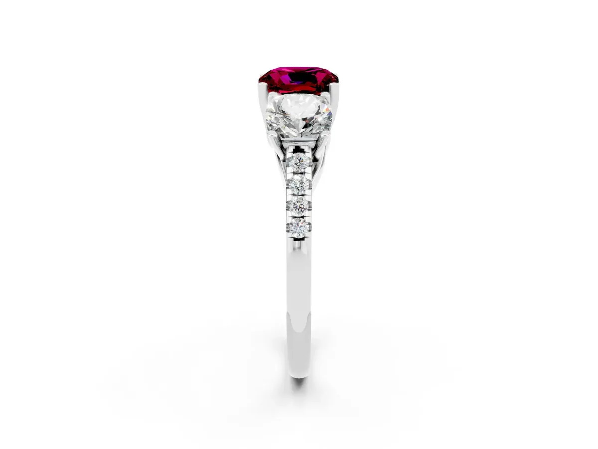 Three-Stone Cushion Cut Garnet Ring with Round Pavé Band and Prong Setting Platinum