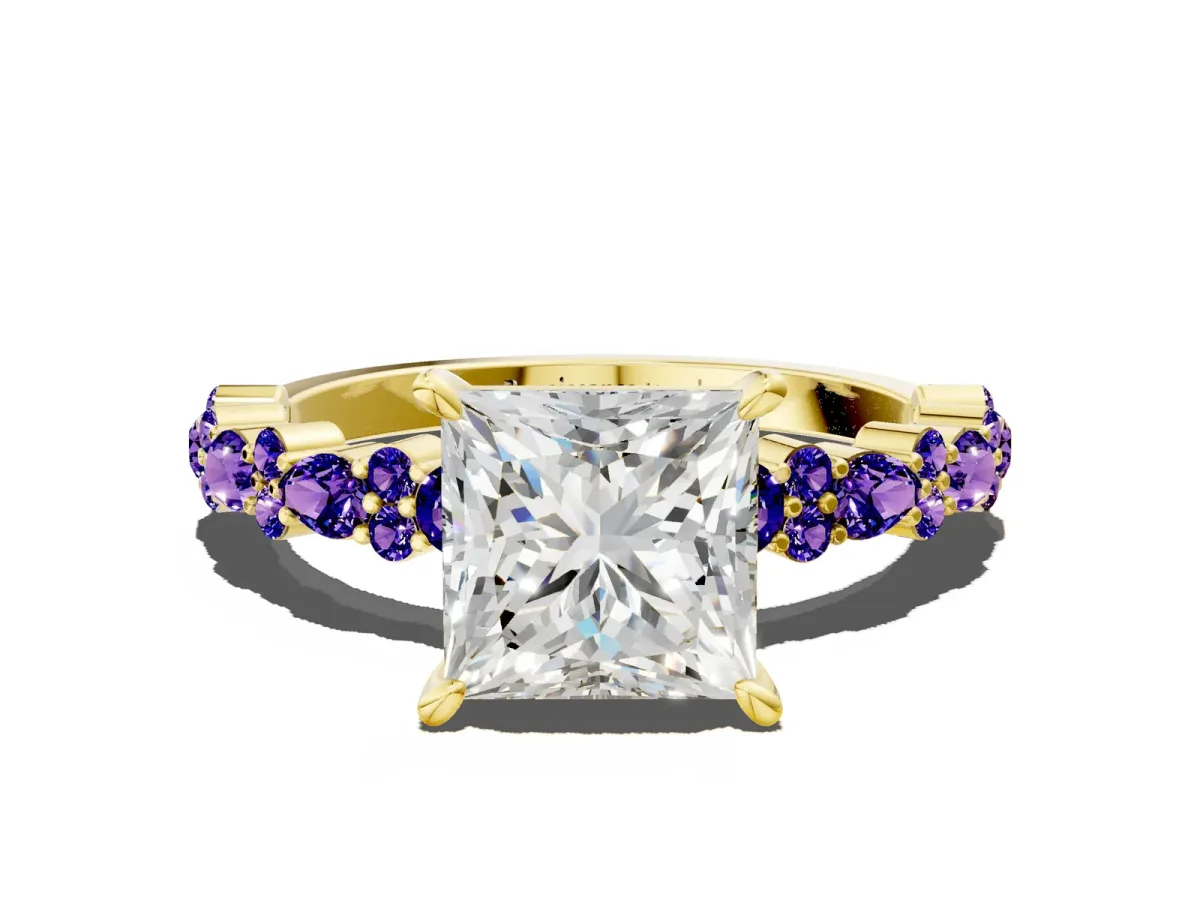 Princess Cut Diamond Side Stone Solitaire Ring with Round Tanzanite and Four-Prong Setting Yellow gold