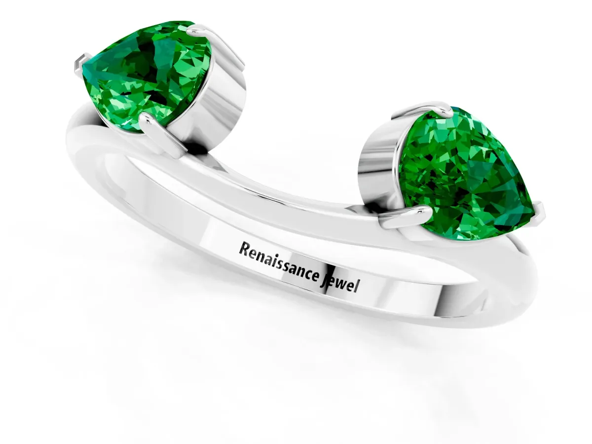 Two-Stone Pear Emerald Bypass Ring with Prong Setting White gold