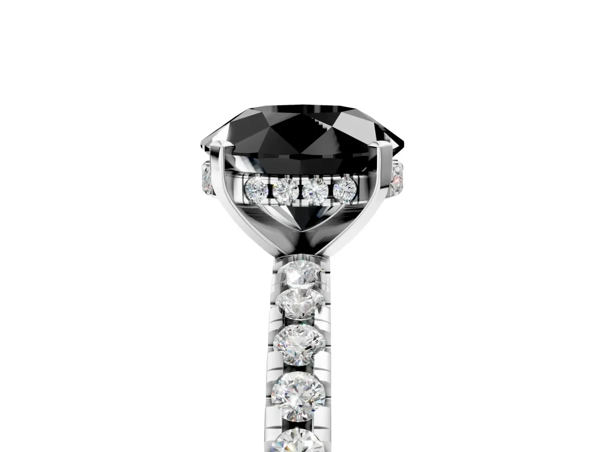Fancy Black Round Cut Diamond Solitaire Ring with Round Pavé Band and Four-Prong Setting White gold