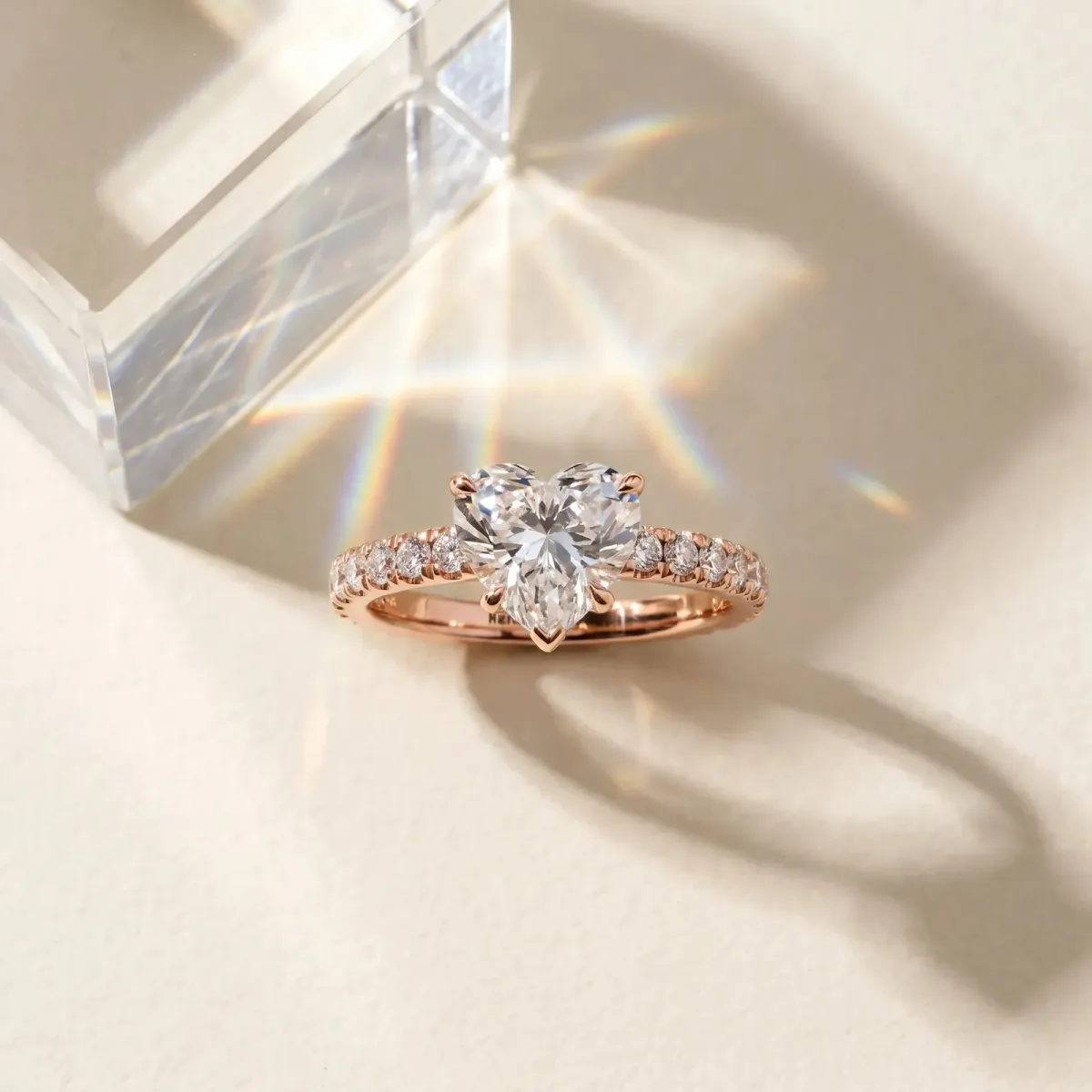 Heart Cut Diamond Pave Band Solitaire Ring with Round and Prong Setting Rose gold