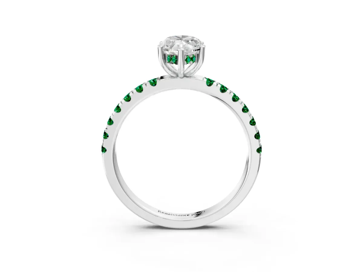 Marquise Cut Diamond Pave Band Solitaire Ring with Round Emerald and Prong Setting Platinum