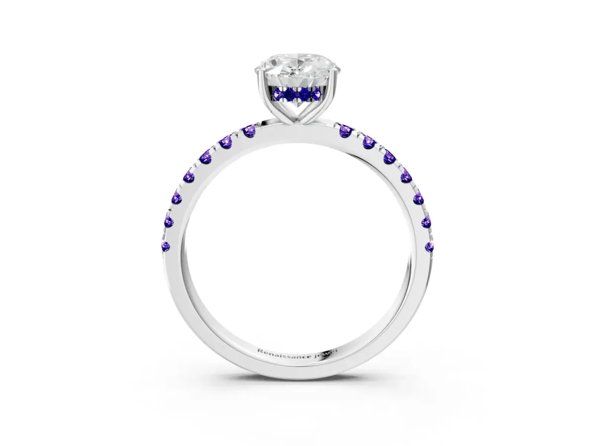 Oval Cut Diamond Pave Band Solitaire Ring with Round Tanzanite and Prong Setting Platinum