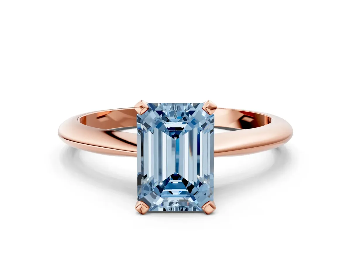 Fancy Blue Emerald Cut Diamond Solitaire Engagement Ring with Classic Band and Four-Prong Setting Rose gold