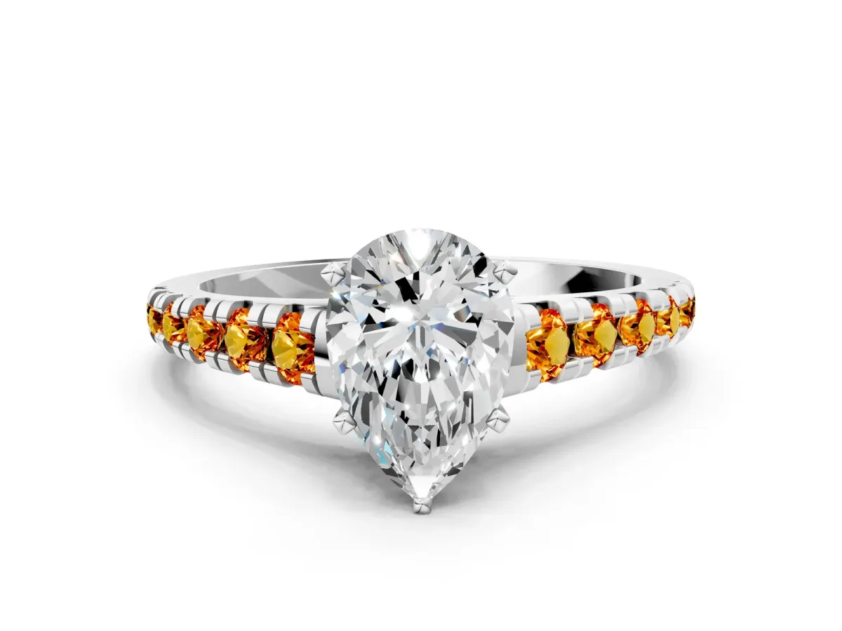 Pear Cut Diamond Cathedral Solitaire Ring with Round Citrine Pavé Band Silver