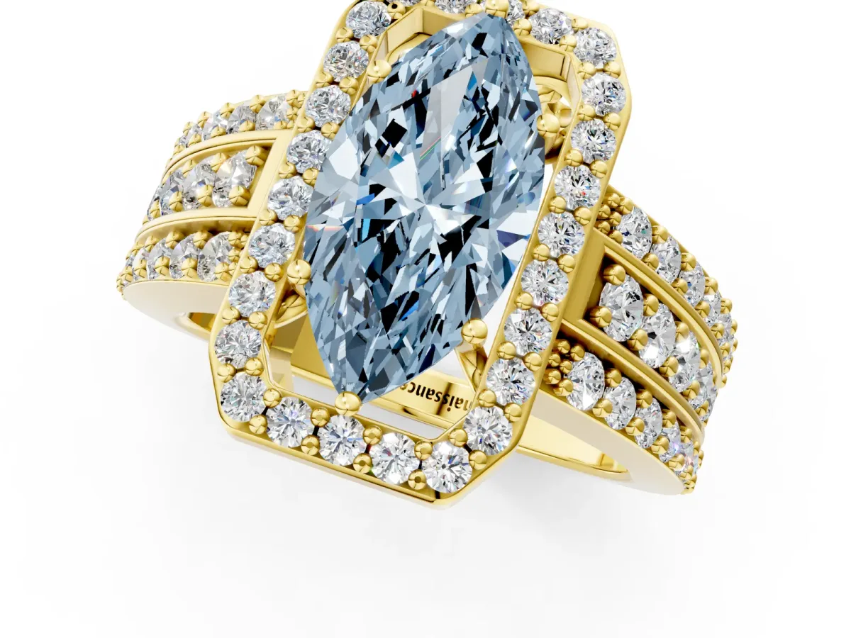 Fancy Blue Marquise Cut Halo Diamond Ring with Round Split Shank and Prong Setting Yellow gold