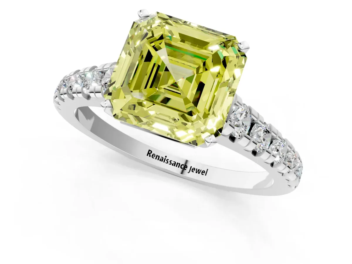 Fancy Yellow Asscher Cut Diamond Cathedral Solitaire Ring with Round Pavé Band Silver