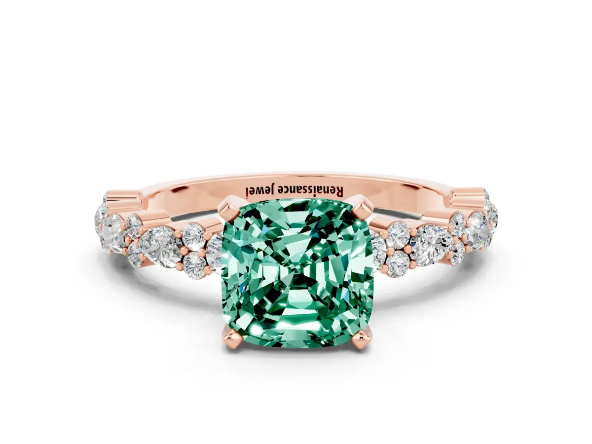 Cushion Cut Green Sapphire Side Stone Solitaire Ring with Round and Four-Prong Setting Rose gold