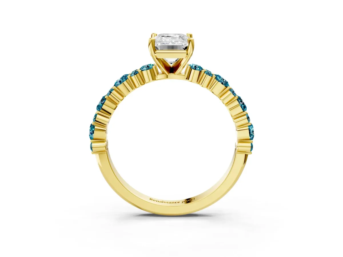 Emerald Cut Diamond Side Stone Solitaire Ring with Round Blue Topaz and Four-Prong Setting Yellow gold