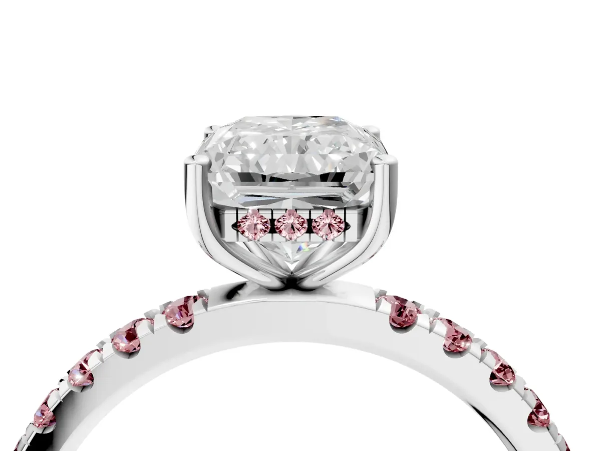 Radiant Cut Diamond Pave Band Solitaire Ring with Round Morganite and Prong Setting Platinum