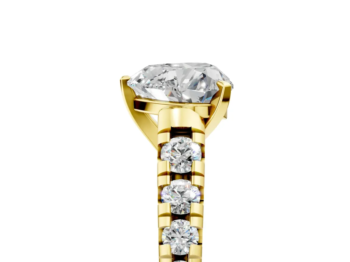 Heart Cut Diamond Cathedral Solitaire Ring with Round Pavé Band Yellow gold