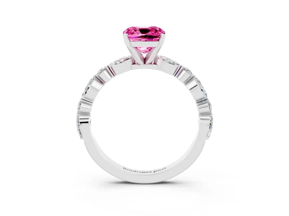 Cushion Cut Pink Sapphire Ring with Marquise and Round Side Stones and Four-Prong Setting Silver