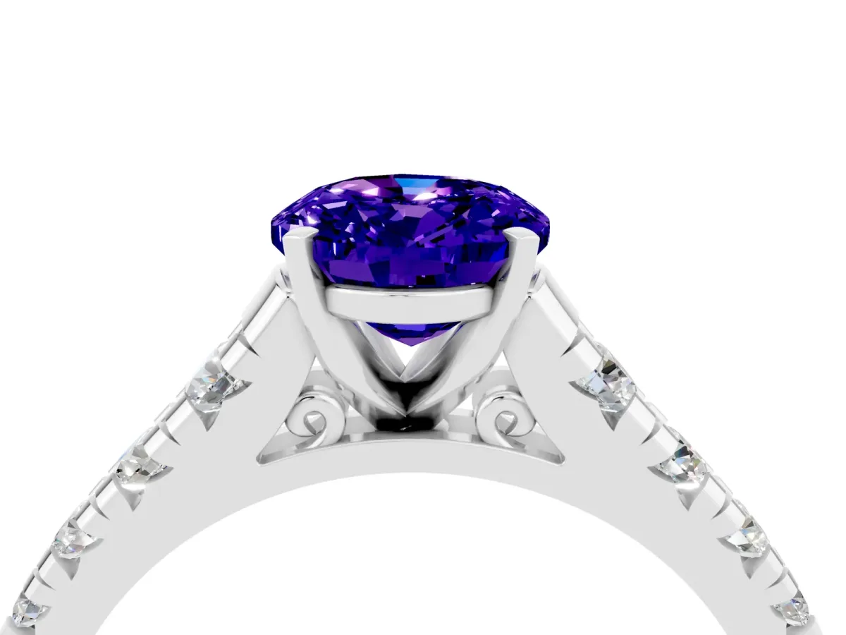 Oval Cut Tanzanite Cathedral Solitaire Ring with Round Pavé Band White gold