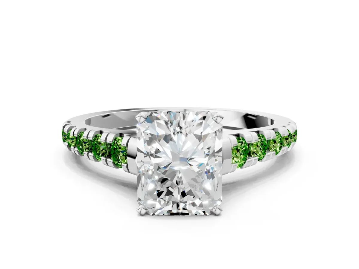 Radiant Cut Diamond Cathedral Solitaire Ring with Round Peridot Pavé Band Platinum