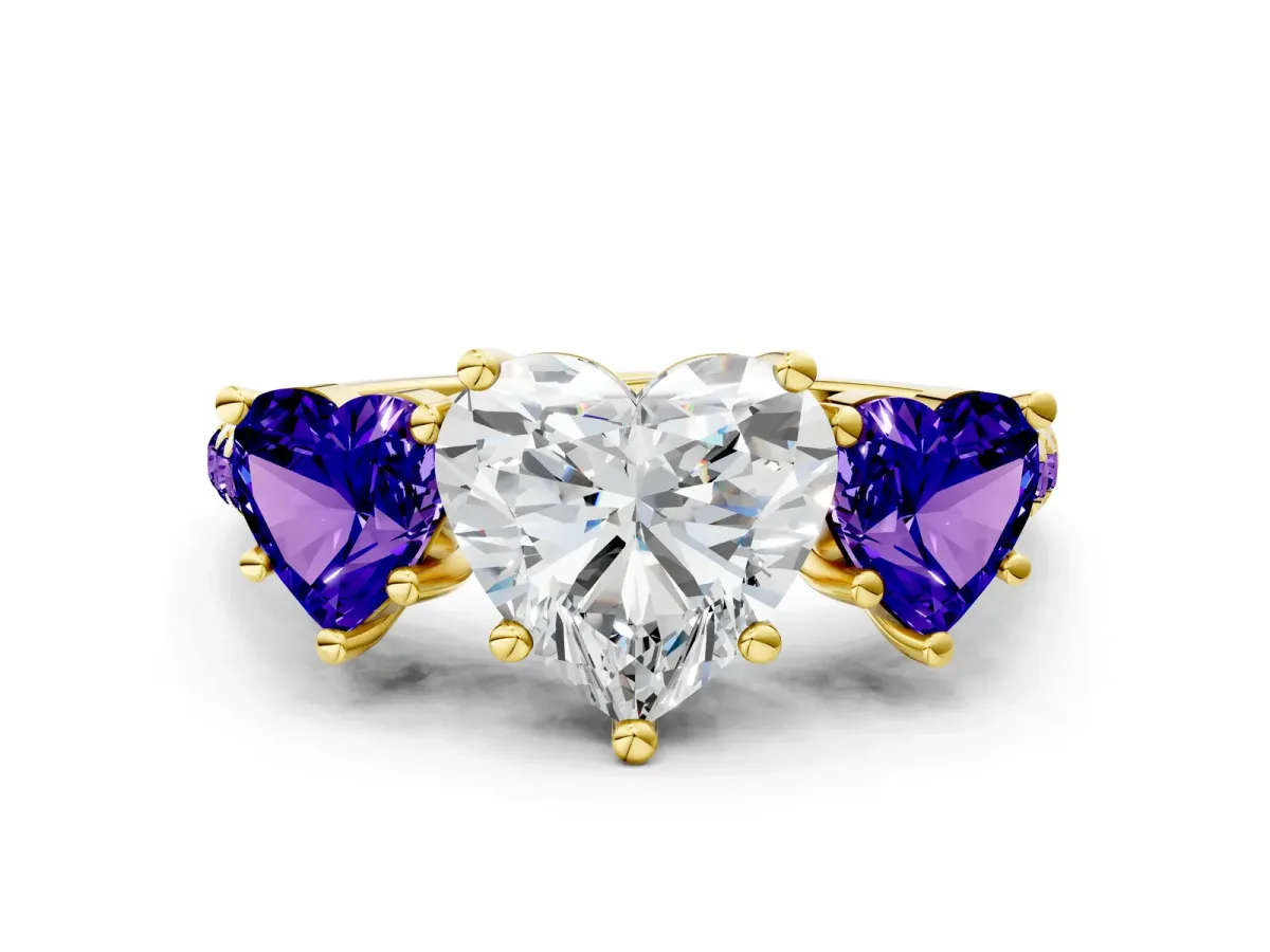 Three-Stone Heart Cut Diamond Ring with Round Tanzanite Pavé Band and Prong Setting Yellow gold