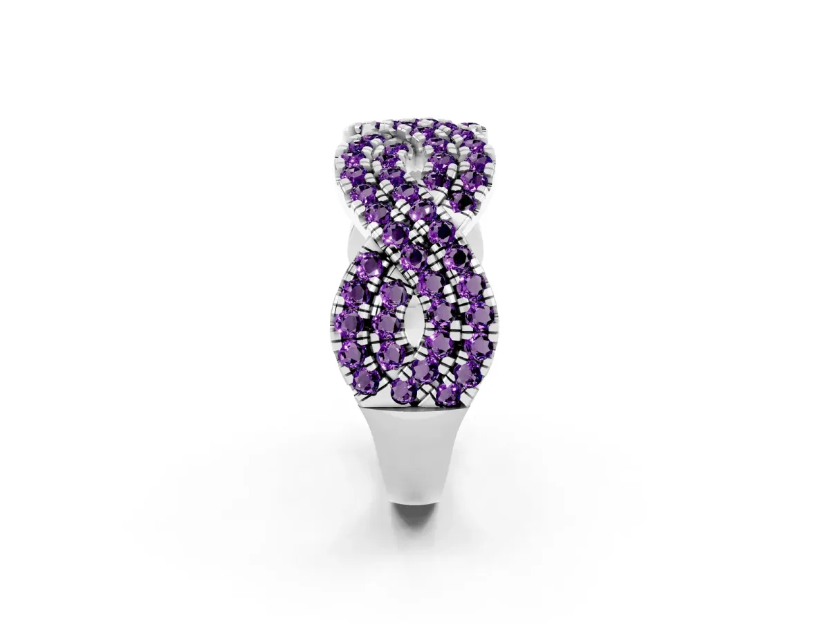 Pavé Round Amethyst Infinity Twist Band with Shared Prong Setting Platinum