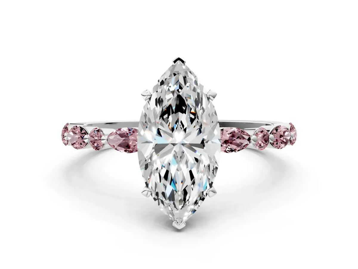 Marquise Cut Diamond Ring with Marquise and Round Morganite Side Stones and Four-Prong Setting Silver