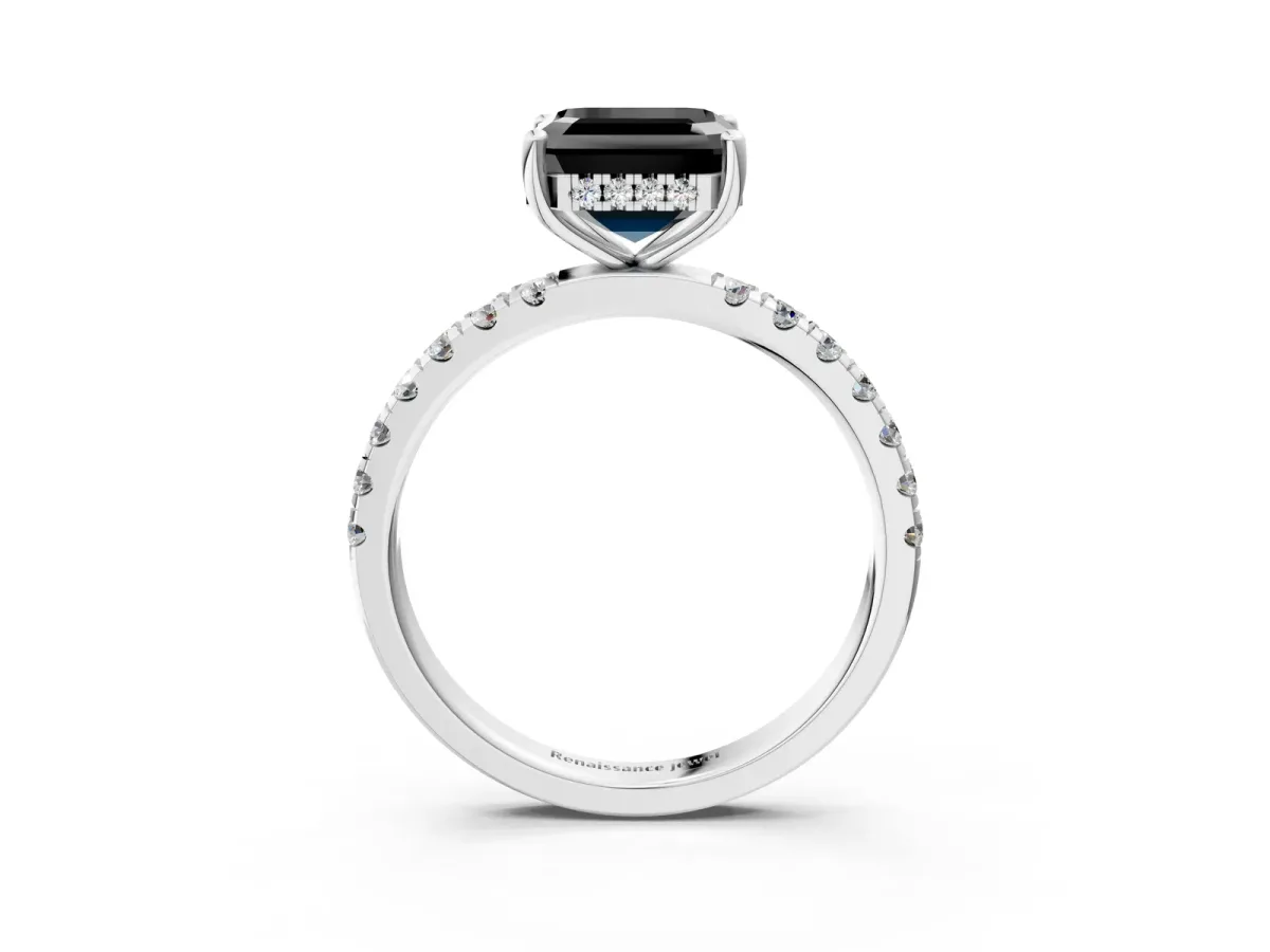 Fancy Black Asscher Cut Diamond Pave Band Solitaire Ring with Round and Prong Setting White gold
