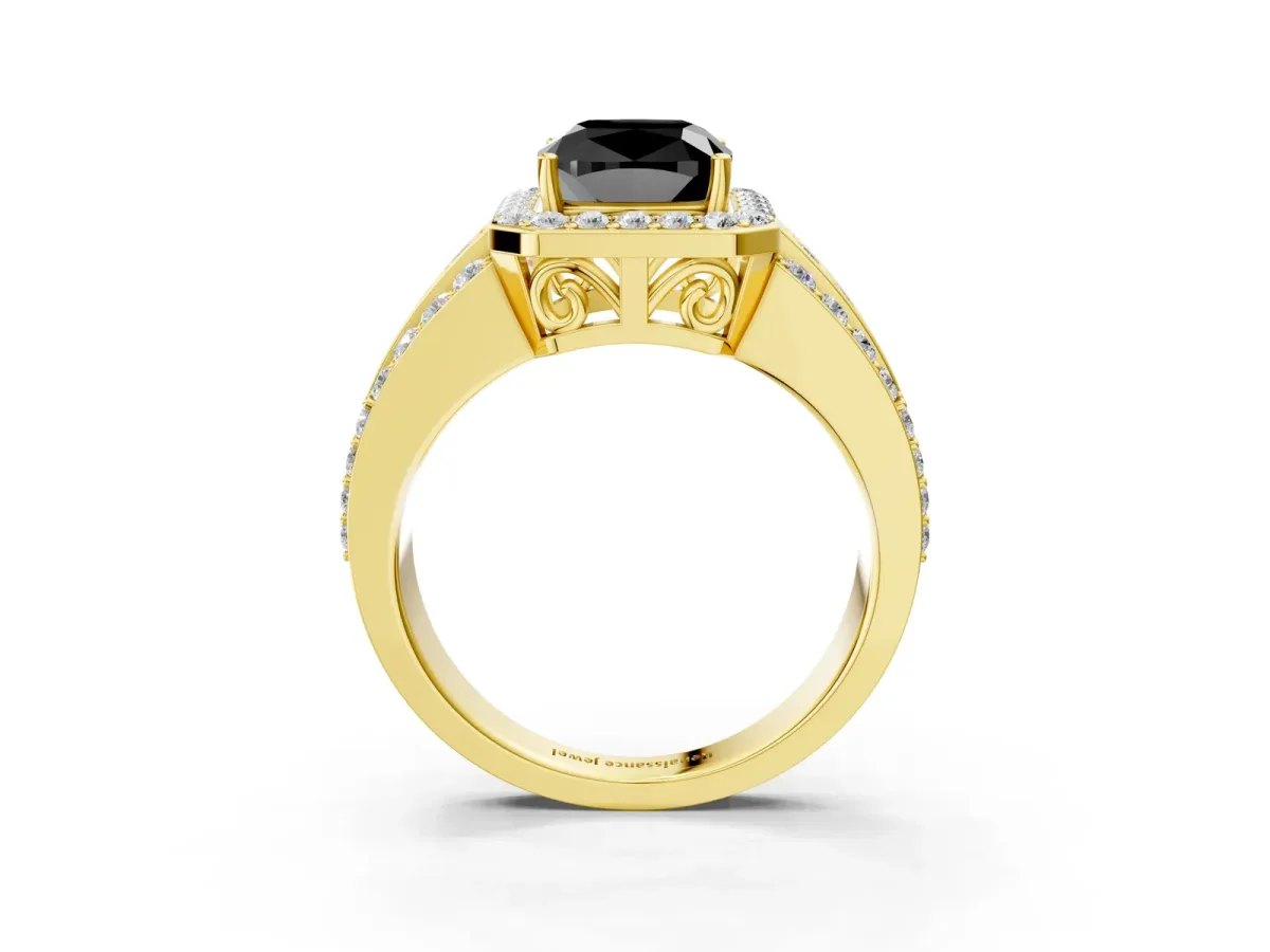 Fancy Black Cushion Cut Halo Diamond Ring with Round Split Shank and Prong Setting Yellow gold