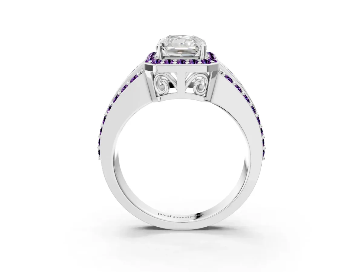 Radiant Cut Halo Diamond Ring with Round Amethyst Split Shank and Prong Setting Platinum