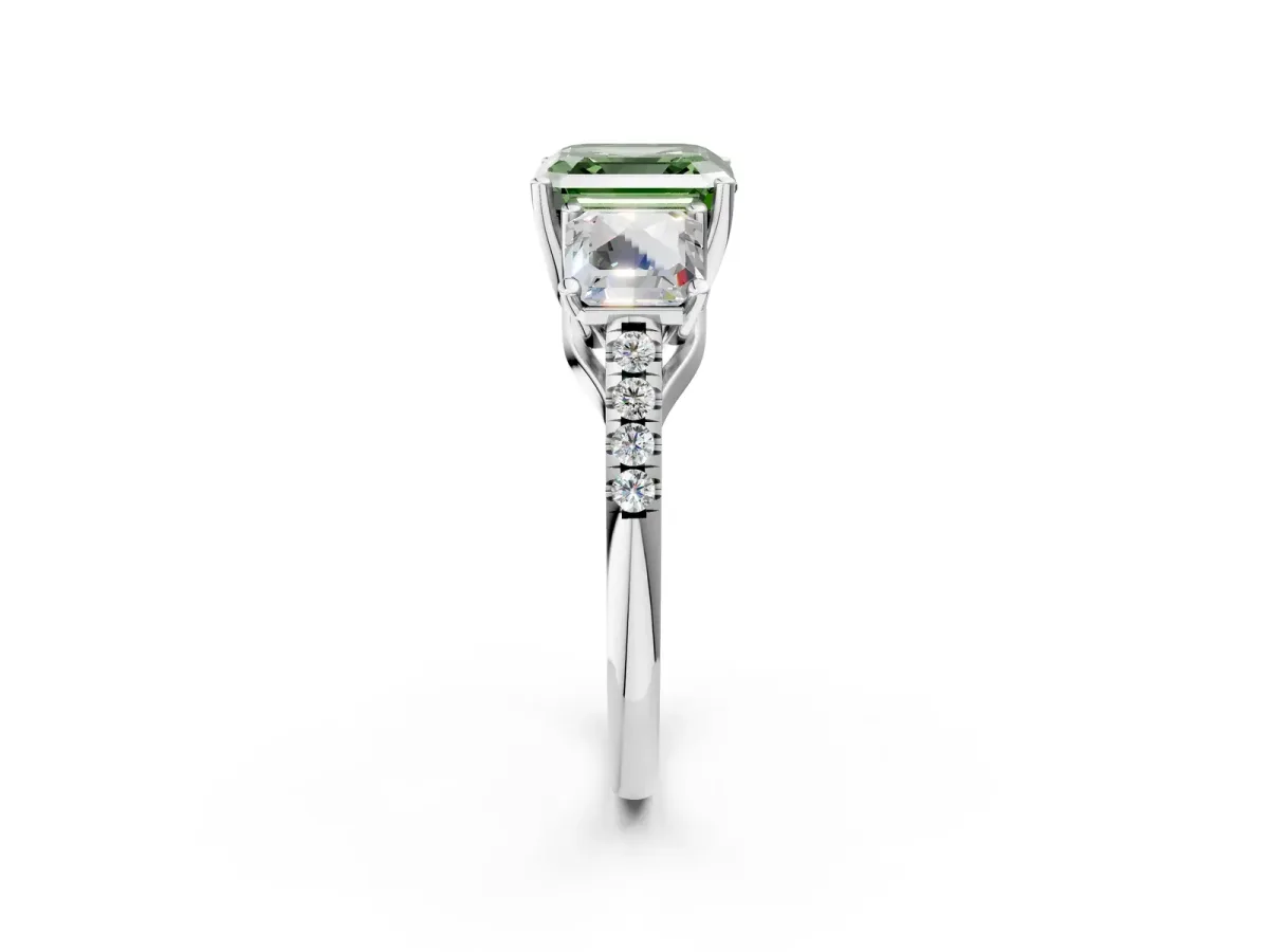 Fancy Green Three-Stone Asscher Cut Diamond Ring with Round Pavé Band and Prong Setting White gold