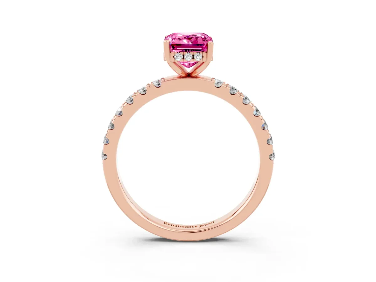 Emerald Cut Pink Sapphire Pave Band Solitaire Ring with Round and Prong Setting Rose gold