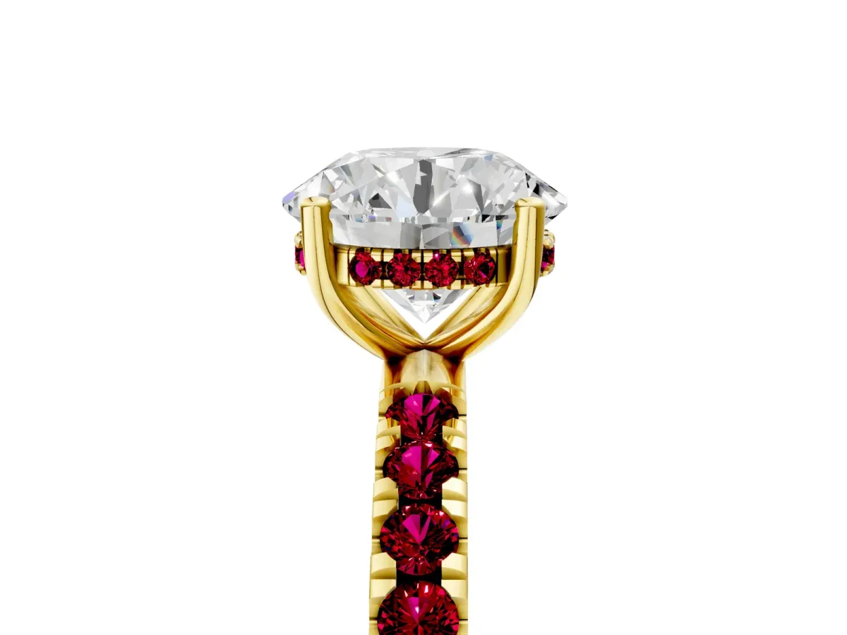 Round Cut Diamond Pave Band Solitaire Ring with Round Garnet and Prong Setting Yellow gold