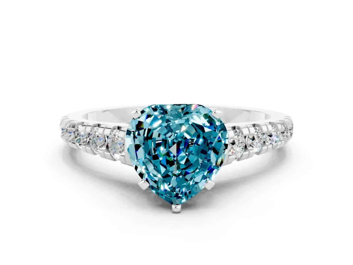 Heart Cut Blue Topaz Cathedral Solitaire Ring with Round Pavé Band Platinum