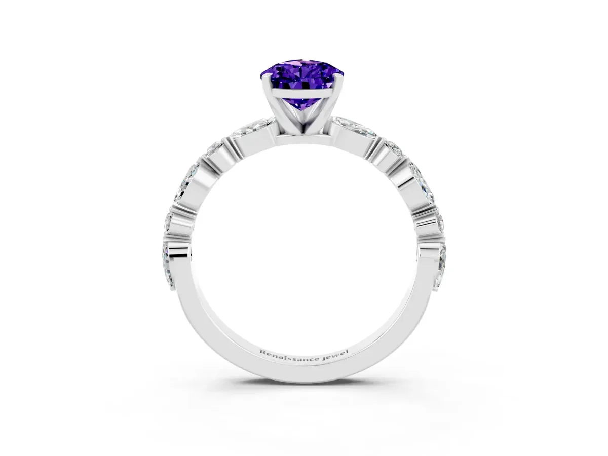 Pear Cut Tanzanite Ring with Marquise and Round Side Stones and Four-Prong Setting Silver