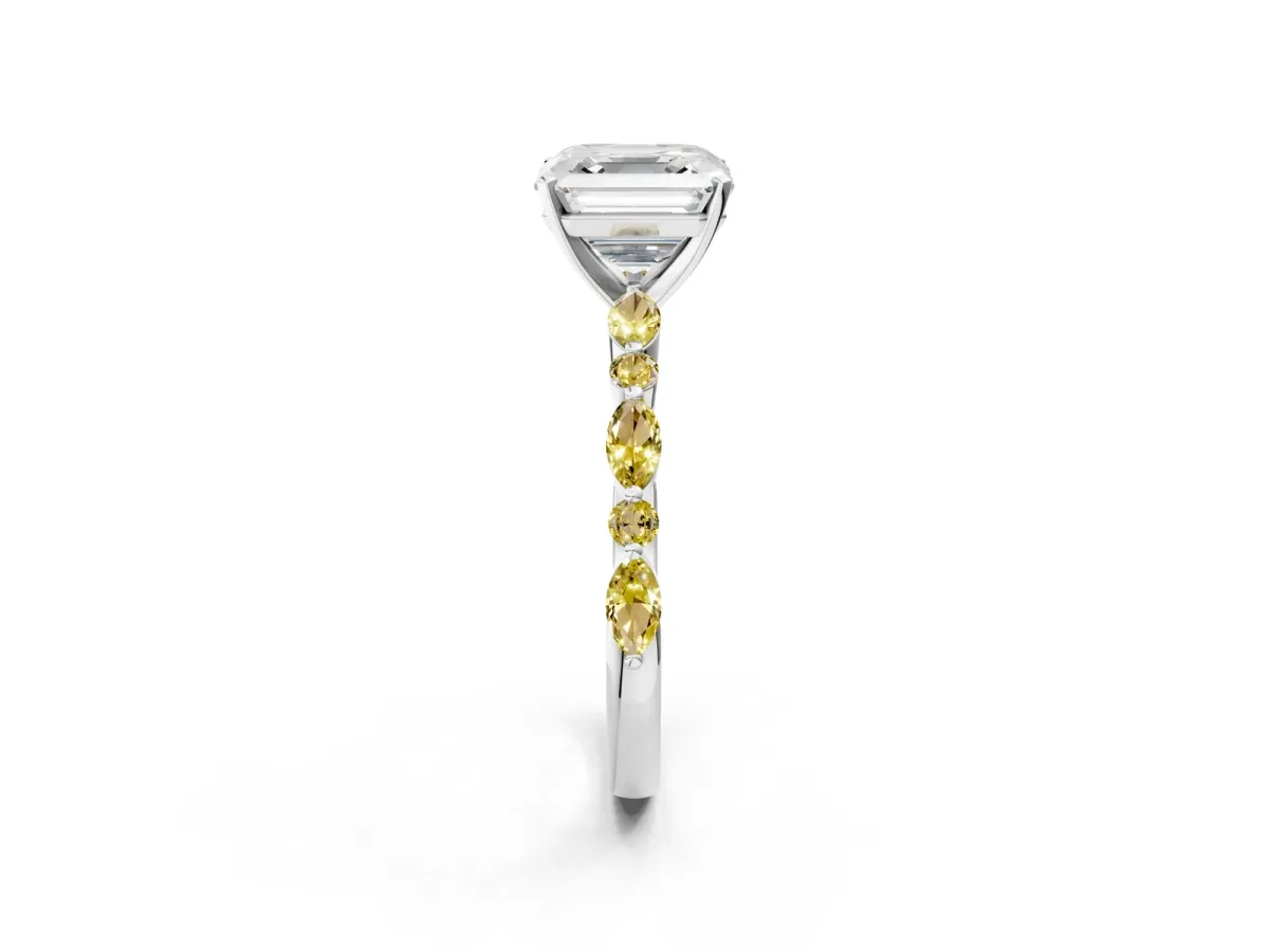 Asscher Cut Diamond Ring with Marquise and Round Yellow Sapphire Side Stones and Four-Prong Setting Silver