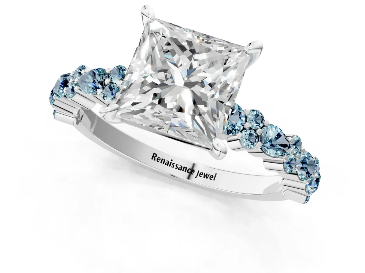 Princess Cut Diamond Side Stone Solitaire Ring with Round Aquamarine and Four-Prong Setting Platinum