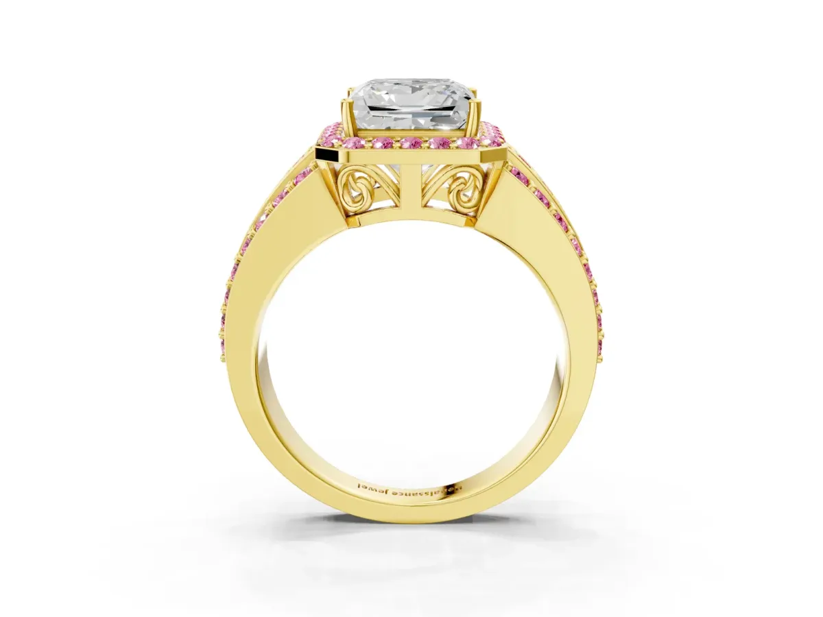 Princess Cut Halo Diamond Ring with Round Pink Sapphire Split Shank and Prong Setting Yellow gold