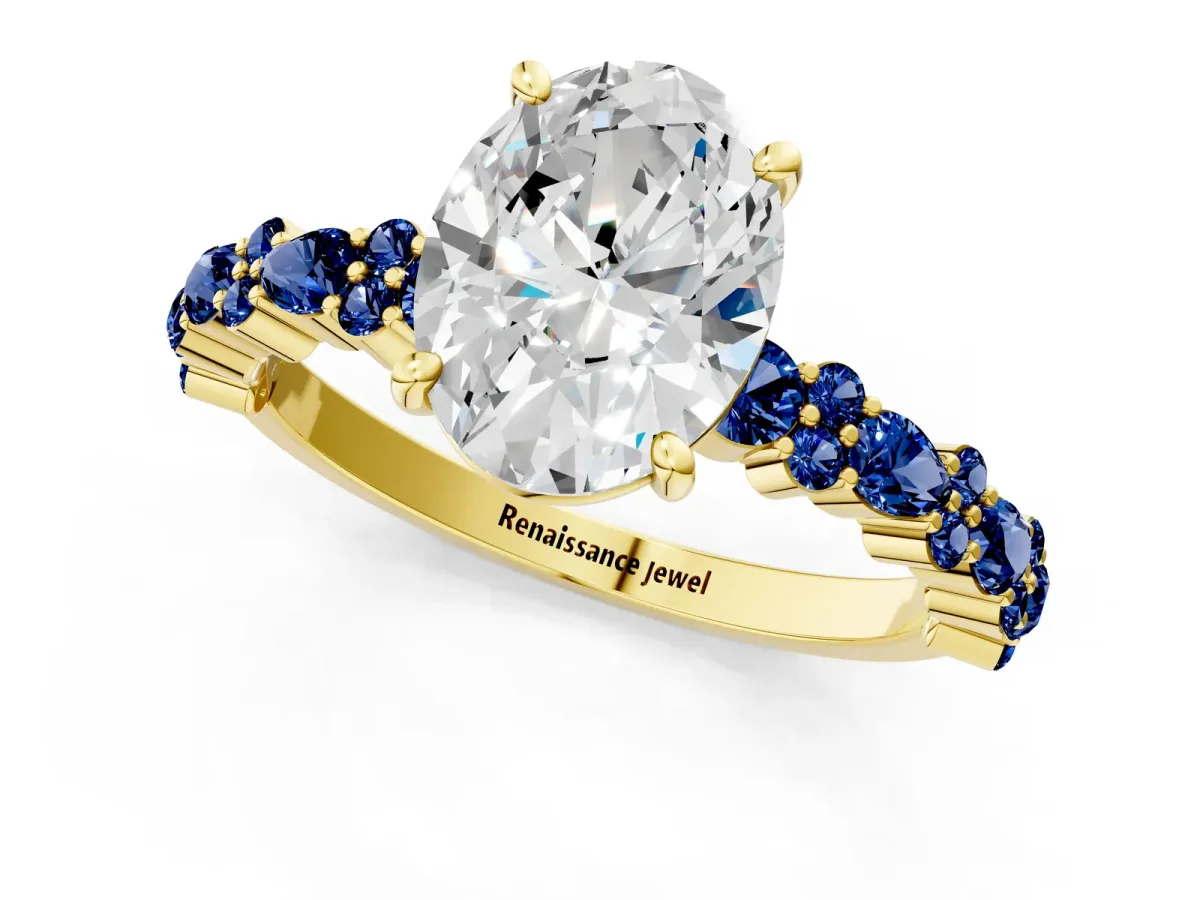 Oval Cut Diamond Side Stone Solitaire Ring with Round Blue Sapphire and Four-Prong Setting Yellow gold