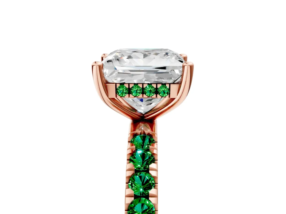 Princess Cut Diamond Pave Band Solitaire Ring with Round Emerald and Prong Setting Rose gold